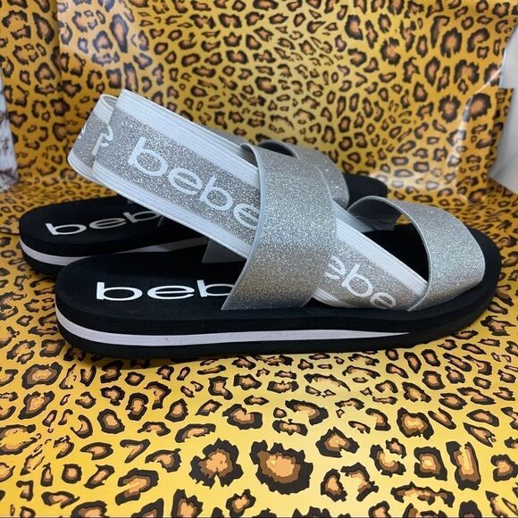 Bebe Atena Silver Giltter Stretch Sandals NWT Sz9 - Picture 3 of 16